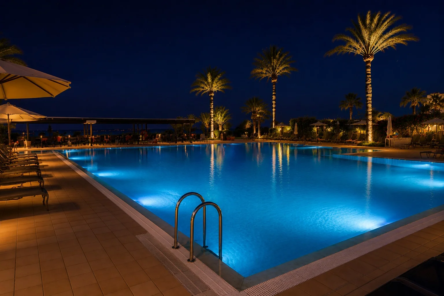 Piscina illuminata di notte con palme e vista mare
